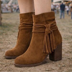 Jessica Simpson JS‑Sesley Suede Fringe Ankle Booties Cognac/Tobacco Brown Sz 6 M